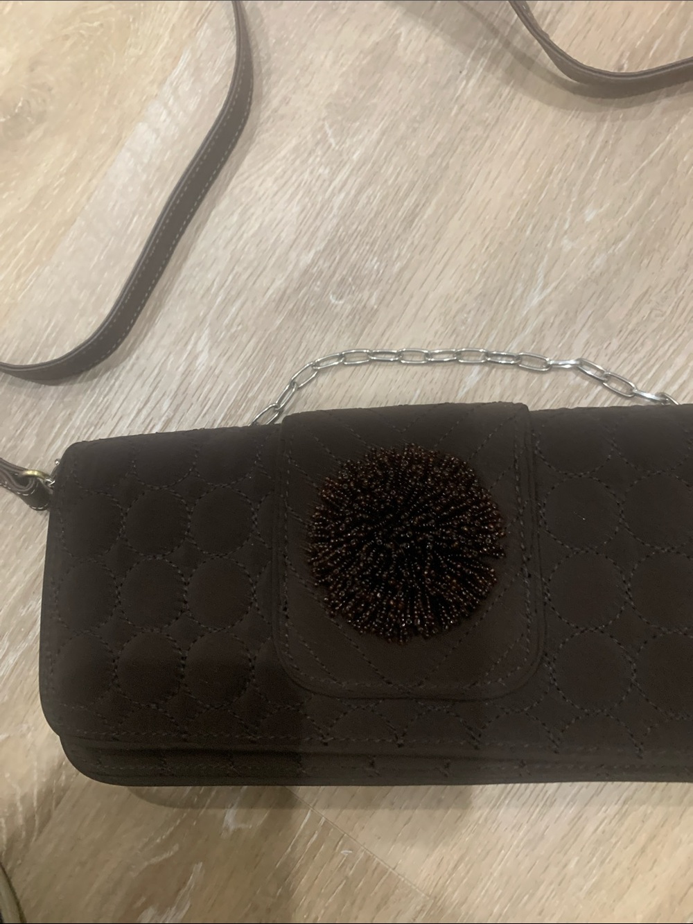 Quilted Brown Crossbody Bag with Beaded Pom Accent Vera Bradley